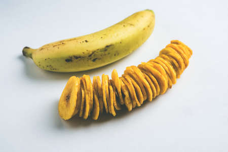 Stock Photo of Healthy Homemade Kela or Banana chips or wafers or Plantain Chips, selective focusの写真素材