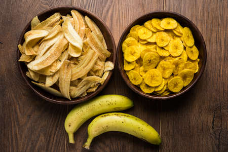 Stock Photo of Healthy Homemade Kela or Banana chips or wafers or Plantain Chips, selective focusの写真素材