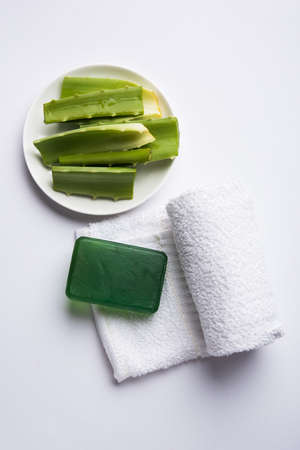 Aloe vera juice, gel, moisturising cream, soap and powder powderの写真素材