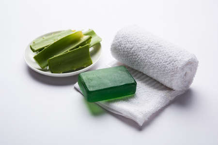 Aloe vera juice, gel, moisturising cream, soap and powder powderの写真素材