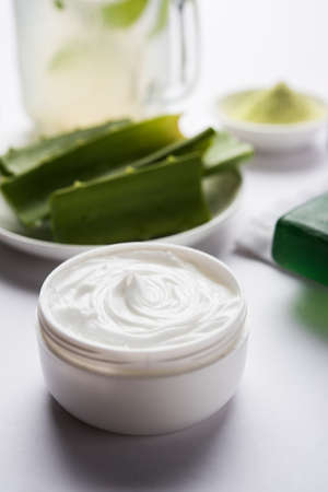 Aloe vera juice, gel, moisturising cream, soap and powderの写真素材