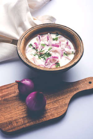 Onion Raita / pyaj or kanda Koshimbir / Indian salad is a condiment from the Indian subcontinentの写真素材