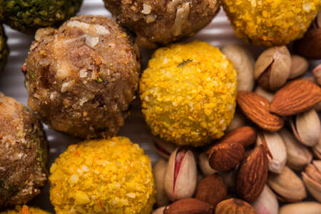 Dates oatmeal balls / No cook energy bites / saffron, pistachio, gum, cashew and other dry fruit laddu including dink or dinkache ladoo or edible gum laduの写真素材