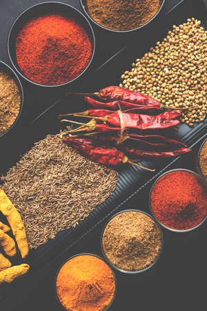 Indian colourful spices. Group photo of four basic Indian spices like raw red chilli, turmeric, coriander and cumin powder. selective focusの写真素材