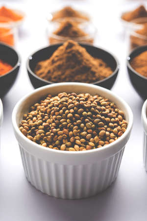 Indian colourful spices. Group photo of four basic Indian spices like raw red chilli, turmeric,...
