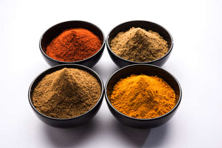 Indian colourful spices. Group photo of four basic Indian spices like raw red chilli, turmeric, coriander and cumin powder. selective focusの写真素材