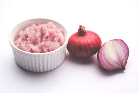 Onion Sauce or paste, in white or black ceramic bowl with raw cut onions, isolated over white background. Selective focusの写真素材