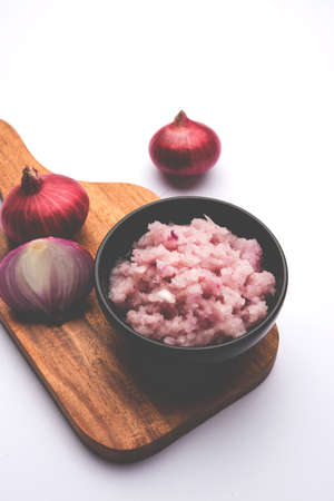 Onion Sauce or paste, in white or black ceramic bowl with raw cut onions, isolated over white background. Selective focusの写真素材