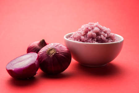 Onion Sauce or paste, in white or black ceramic bowl with raw cut onions, isolated over white background. Selective focusの写真素材