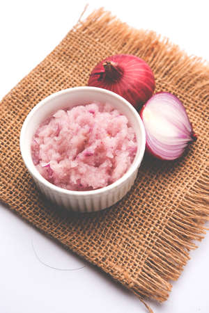 Onion Sauce or paste, in white or black ceramic bowl with raw cut onions, isolated over white background. Selective focusの写真素材