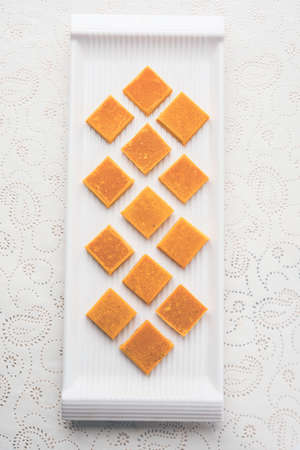 Hapus Amba Vadi / Burfi or Alphonso mango dried Cake or Bar, selective focus