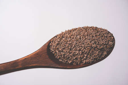 Psyllium husk or isabgol which is fiber derived from the seeds of Plantago ovata, mainly found in India. Served in a bowl over moody background. selective focusの写真素材