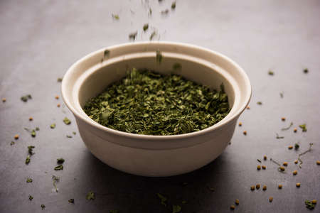 Kasuri Methi / Kasoori Methi or dried fenugreek leaves also known as Trigonella Foenum Graecumの写真素材