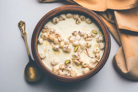 Makhana Kheer - Tasty Indian sweet made using Roasted foxnuts or puffed lotus seeds or makhane, milk and sugarの写真素材