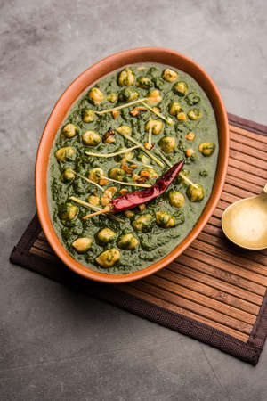 chickpea Spinach Curry or Chana Masala with Palak served with Rice and flatbread or Paratha, selective focusの写真素材