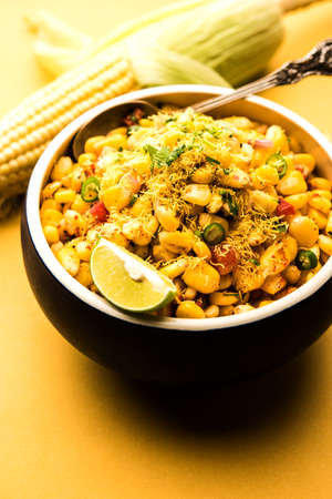 Indian Sweet Corn Chat or Chat is an easy to make snack recipe, served in a bowl or Plate. Selective focusの写真素材