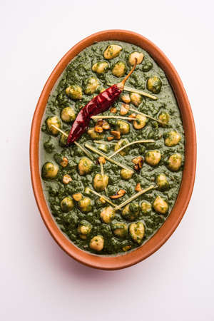 chickpea Spinach Curry or Chana Masala with Palak served with Rice and flatbread or Paratha, selective focusの写真素材