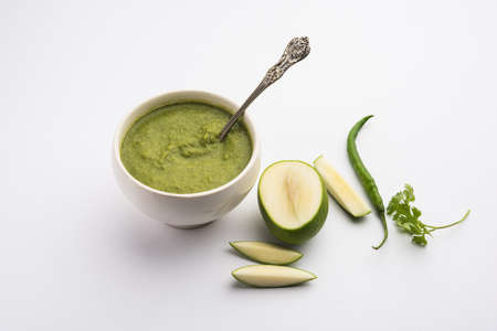Green mango chutney, also known as raw mango chutney, is an Indian chutney prepared from unripe...