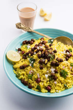 Power Kabuli Chana Poha or Protein Rich Choley Pohe, Popular Maharashtrian, Indian breakfast recipe, selective focusの写真素材