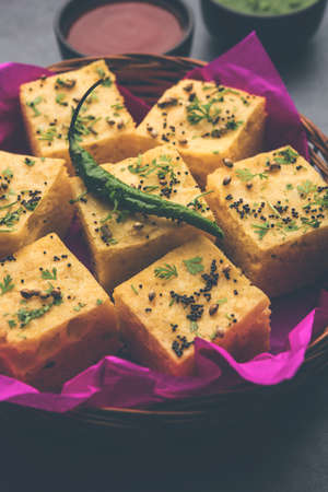 Gujarati Khaman Dhokla made using Chana Dal, served with Green chutney, selective focus