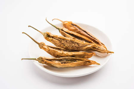 Indian Dried Stuffed Green Chillies or Sandgi Mirchi, Maharashtrian side dish