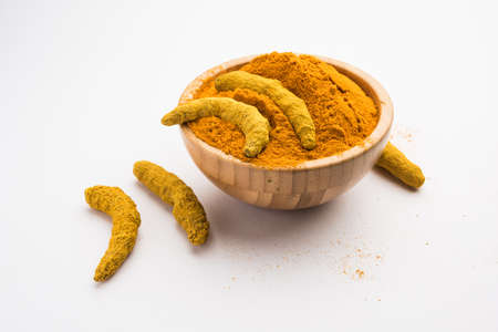 Organic Dry turmeric or Haldi powder also known as curcuma longa linn, selective focus