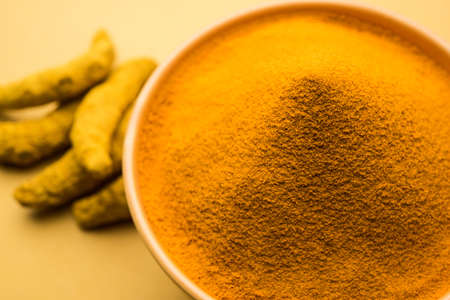 Organic Dry turmeric or Haldi powder also known as curcuma longa linn, selective focus