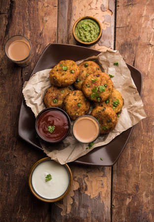Aloo tikkiÂ orÂ Potato Cutlet or Patties is a popular Indian street food made with boiled potatoes, spices and herbsの写真素材