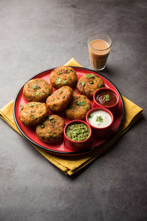 Aloo tikkiÂ orÂ Potato Cutlet or Patties is a popular Indian street food made with boiled potatoes, spices and herbsの写真素材