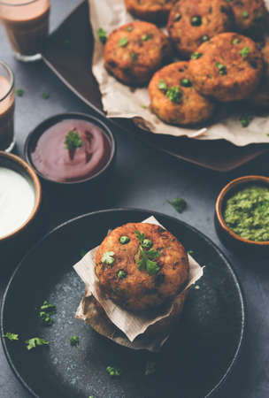 Aloo tikkiÂ orÂ Potato Cutlet or Patties is a popular Indian street food made with boiled potatoes, spices and herbsの写真素材
