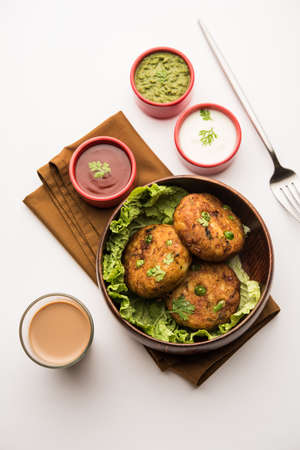 Aloo tikkiÂ orÂ Potato Cutlet or Patties is a popular Indian street food made with boiled potatoes, spices and herbsの写真素材