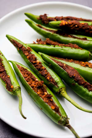 Bharwa Masala Mirch or Stuffed Green Chillies or Bharli Mirchi, Indian food