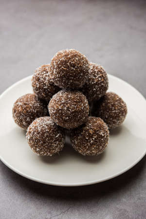 Chocolate Coconut Laddu or Laddoo is a twist to a traditional Nariyal Ladoo by mixing cocoa powderの写真素材