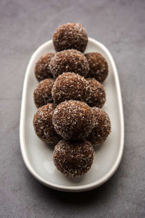 Chocolate Coconut Laddu or Laddoo is a twist to a traditional Nariyal Ladoo by mixing cocoa powderの写真素材
