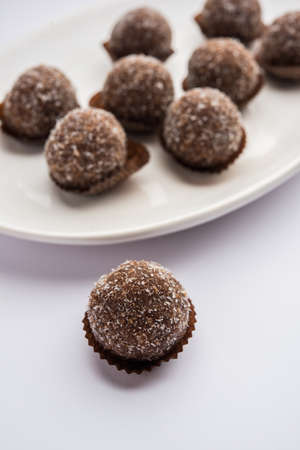 Chocolate Coconut Laddu or Laddoo is a twist to a traditional Nariyal Ladoo by mixing cocoa powderの写真素材