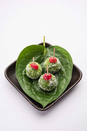 Paan Coconut LadduÂ or LadooÂ - Betel Leaves mixed with Nariyal and sugar to make sweet Balls having Pan Flavourの写真素材