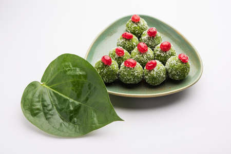 Paan Coconut LadduÂ or LadooÂ - Betel Leaves mixed with Nariyal and sugar to make sweet Balls having Pan Flavourの写真素材