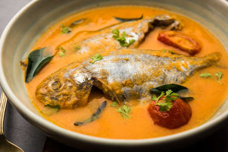 Spicy Fish Curry - kerala, konkan, bengal, goa style in Red and brown colour, served with rice
