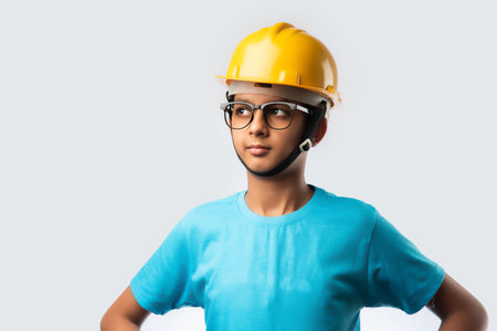 Cute Asian Indian happy kid wearing yellow construction helmet or safety hard hat, standing isolated...