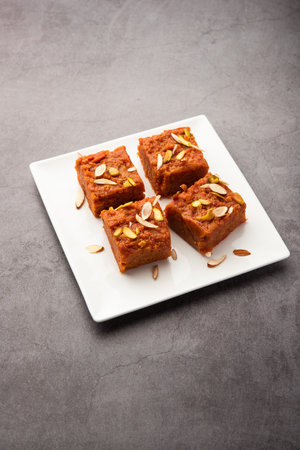 Gajar Halwa Barfi or Carrot pudding barfee is a popular Indian sweet dishの写真素材