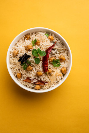Chana Pulao or Pulav or pilaf cooked with Basmati Rice and chickpeas with spicesの写真素材