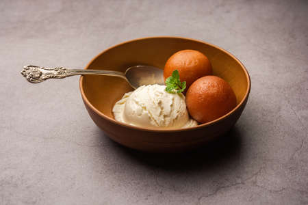 Gulab Jamun Traditional Indian Dessert served with Vanilla Ice Cream