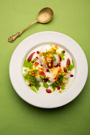 Dahi vada or bhalla is a type of chaat originating from the Indian and popular throughout South Asia. It is prepared by soaking vadas in thick dahi or curd. selective focusの写真素材