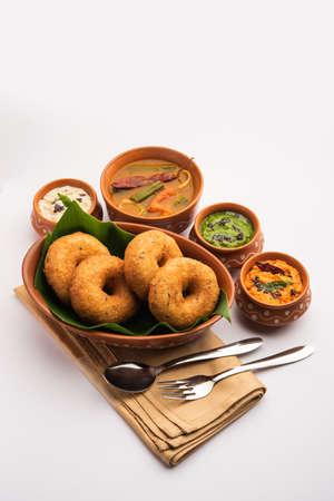 Vada or Medu vadai with sambar and chutney - Popular South Indian snack or breakfast
