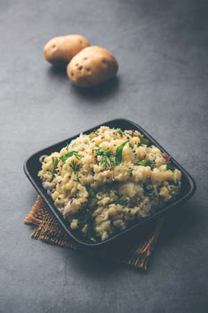 Mashed potatoes spicy curry known as Aloo ka bharta or chokha or sabzi, popular in northern India. served in a bowlの写真素材