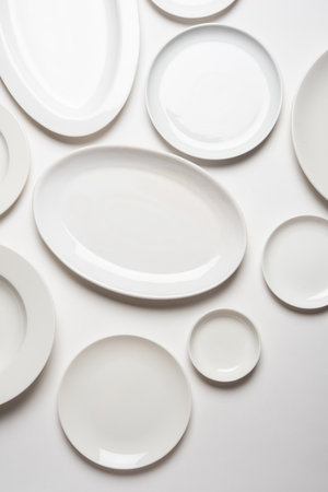 different shape white plates isolated on white background, top viewの写真素材
