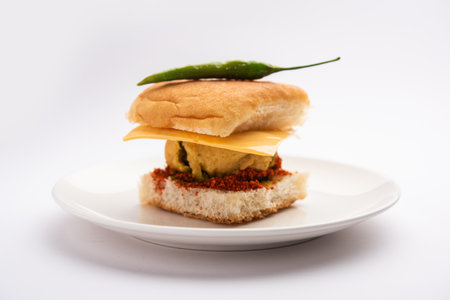 Cheese Vada pav or Grated cheese Wada Pao, popular Bombay snack food