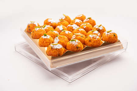 indian sweet motichoor laddooÂ or Bundi laddu made of gram flour very small balls or boondis which are deep fried and soaked in sugar syrup before making ballsの写真素材