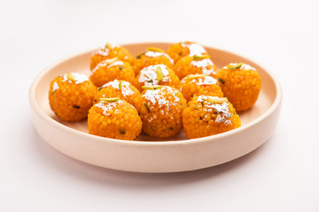 indian sweet motichoor laddooÂ or Bundi laddu made of gram flour very small balls or boondis which...