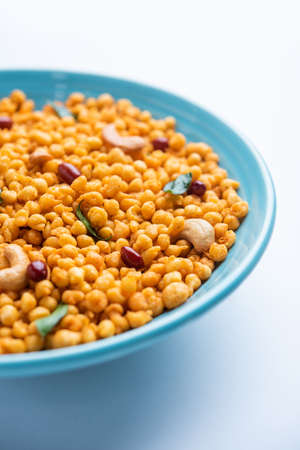 Masala Kara BoondÂ or Namkeen Bundi With Cashew, Peanuts And Curry Leaves, Indian Mixture Snack Item Made With Besan Flourの写真素材
